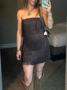 Zara Brown Fringe Strapless Mini Dress